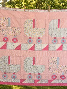 Handmade Baby Quilt Pink Patchwork Baby Carriage Pram Crib Quilt 51” x 51”